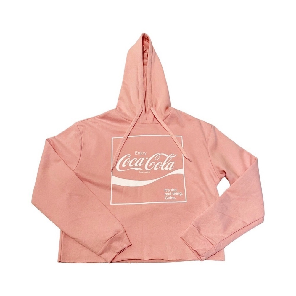 Coca Cola crop drawstring hoodie. In a peach/ pink color way. Teen/women small